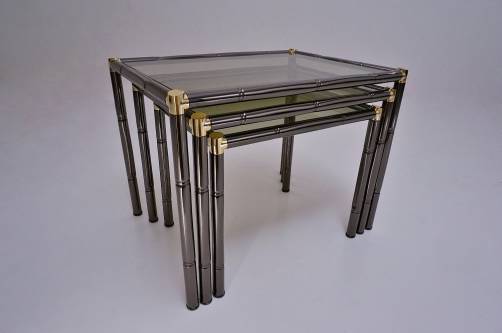 Bamboo brass & metallic black nest of tables, 1970`s ca, Belgium